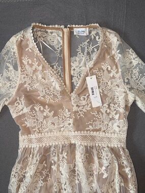 Bluivy Ivory Lace Dress over Nude Romper Lining Boho Western NWT